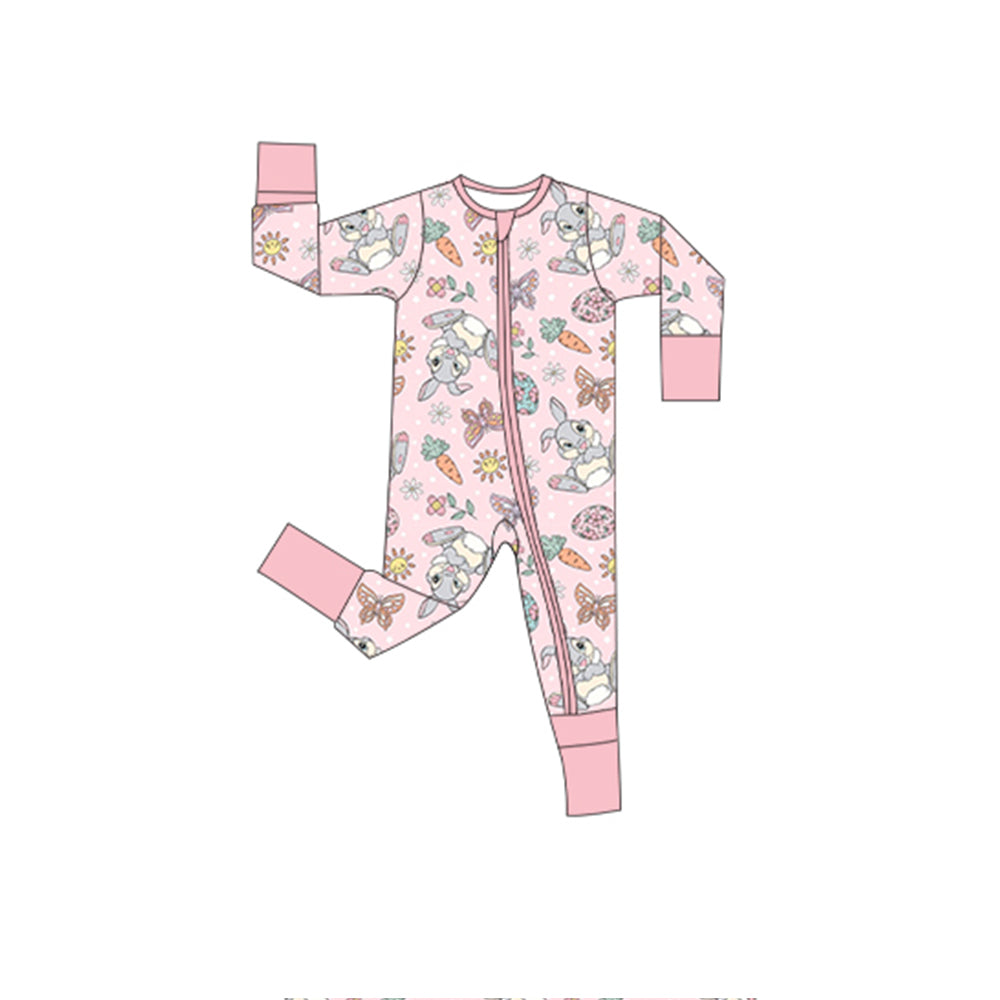 MOQ 5 PCS preorder LR2891 Easter Bunny Carrots Flower Pink Zip Long-Sleeved Girls Romper 202511