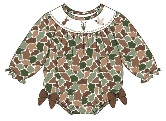 MOQ 5 PCS preorder LR2897 Deer Duck Hunting Bows Camouflage Long-Sleeved Girls Bubble Romper 202511