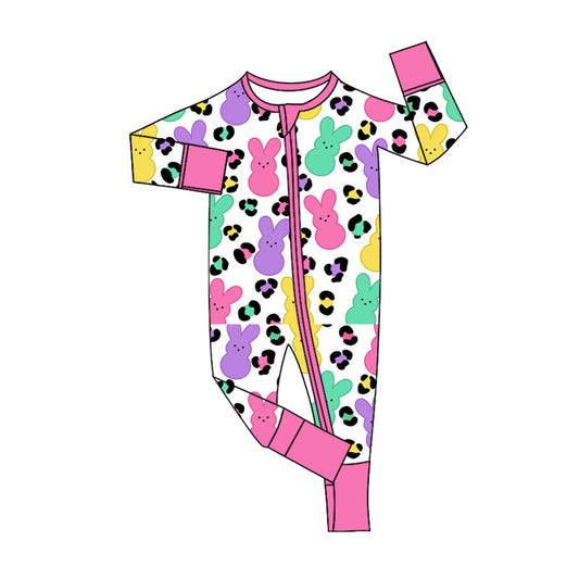 MOQ 5 PCS preorder LR2903 Easter Colored Bunny Leopard Zip Long-Sleeved Girls Romper 202511