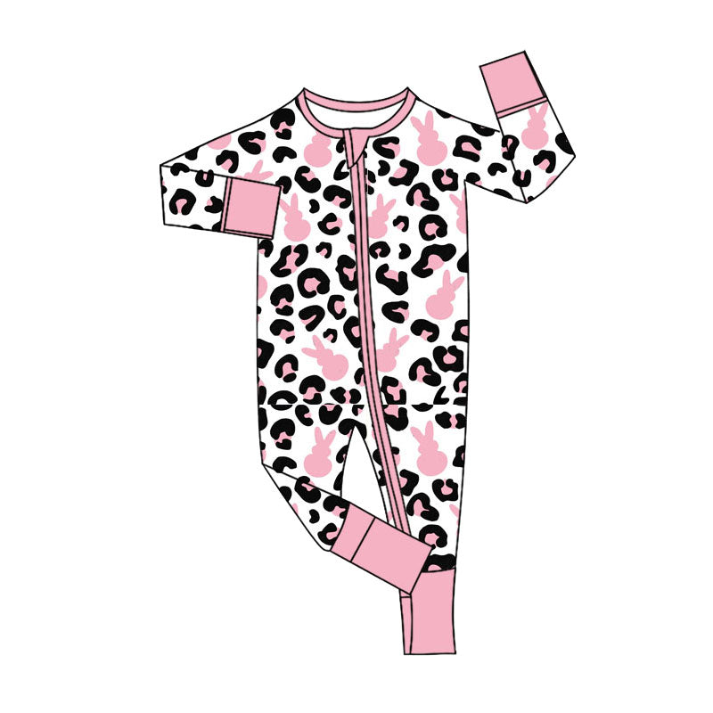 MOQ 5 PCS preorder LR2904 Easter Pink Bunny Leopard Zip Long-Sleeved Girls Romper 202511