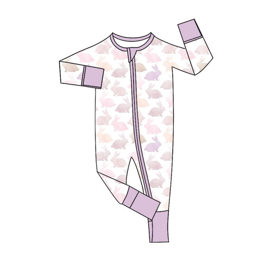 MOQ 5 PCS preorder LR2906 Easter Colored Bunny Light Purple Zip Long-Sleeved Girls Romper 202511