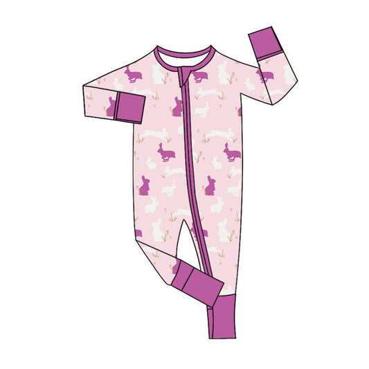 MOQ 5 PCS preorder LR2907 Easter Colored Bunny Purple Pink Zip Long-Sleeved Girls Romper 202511