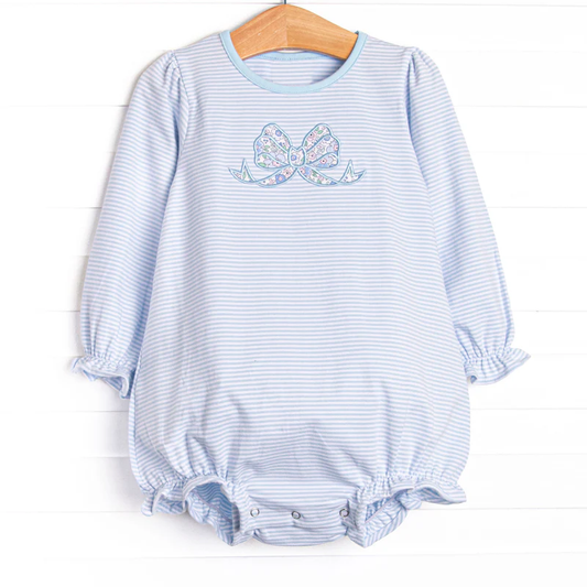 MOQ 5 PCS preorder LR2917 Flower Bow Blue Stripe Long-Sleeved Girls Bubble Romper 202511