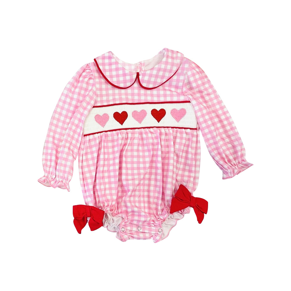 MOQ 5 PCS preorder LR2920 Valentines Day Love Bows Pink Plaid Doll Collar Long-Sleeved Girls Bubble Romper 202511