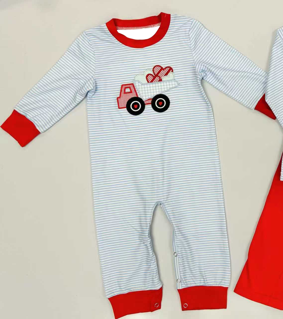 MOQ 5 PCS preorder LR2922 Valentines Day Love Truck Blue Stripe Long-Sleeved Boys Romper 202511