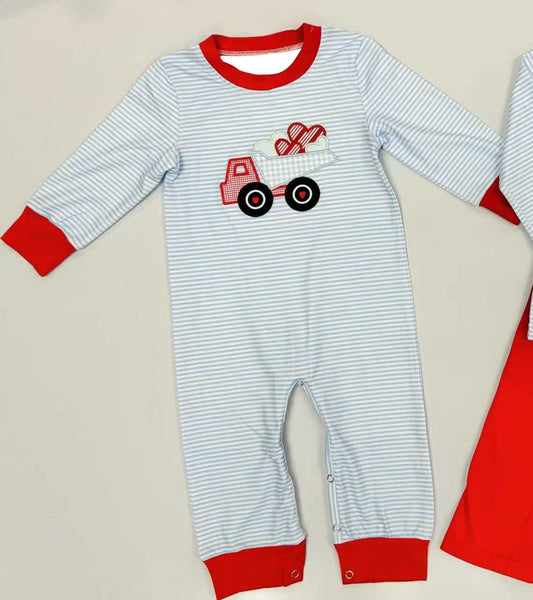 MOQ 5 PCS preorder LR2922 Valentines Day Love Truck Blue Stripe Long-Sleeved Boys Romper 202511