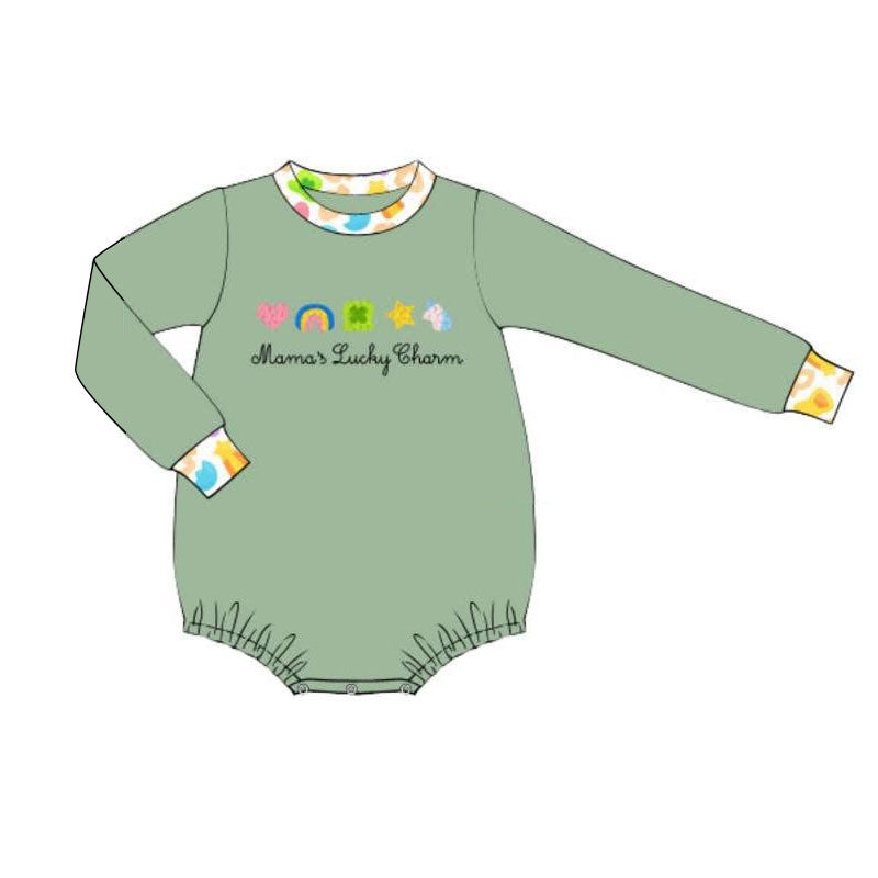 MOQ 5 PCS preorder LR2928 Mama's Little Charm Rainbow Four-Leaf Clover Green Long-Sleeved Boys Bubble Romper 202511 Sibling