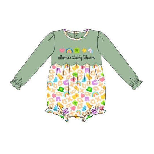 MOQ 5 PCS preorder LR2929 Mama's Little Charm Rainbow Four-Leaf Clover Green Long-Sleeved Girls Bubble Romper 202511 Sibling