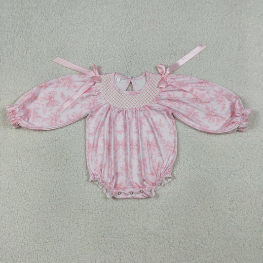 LR2932 Smocked Bows Flower Pink Long-Sleeved Girls Bubble Romper 202604 RTS