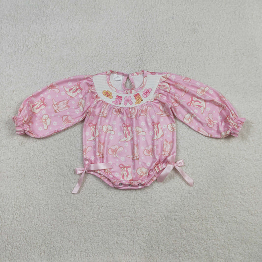 LR2938 Smocked Cowgirl Hat Boots Bow Floral Pink Long-Sleeved Girls Bubble Romper 202512 RTS