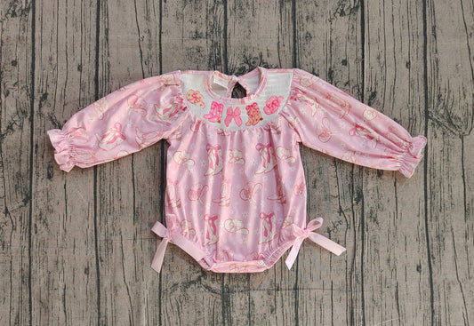 MOQ 5 PCS preorder LR2938 Smocked Cowgirl Hat Boots Bow Floral Pink Long-Sleeved Girls Bubble Romper 202511