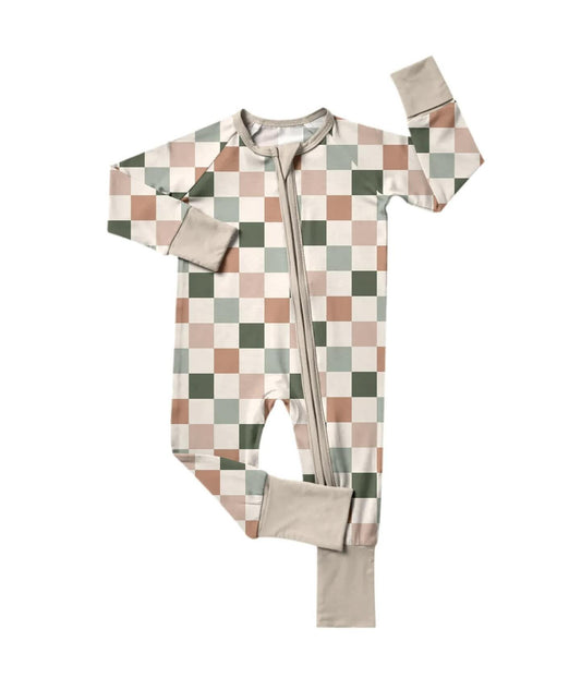 MOQ 5 PCS preorder LR2940 Colored Plaid Beige Brown Zip Long-Sleeved Boy Romper 202511