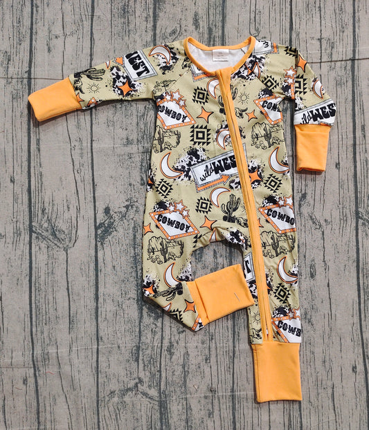 NO MOQ preorder LR2942 Cowboy Geometric Cactus Orange Green Zip Long-Sleeved Boys Romper 202512