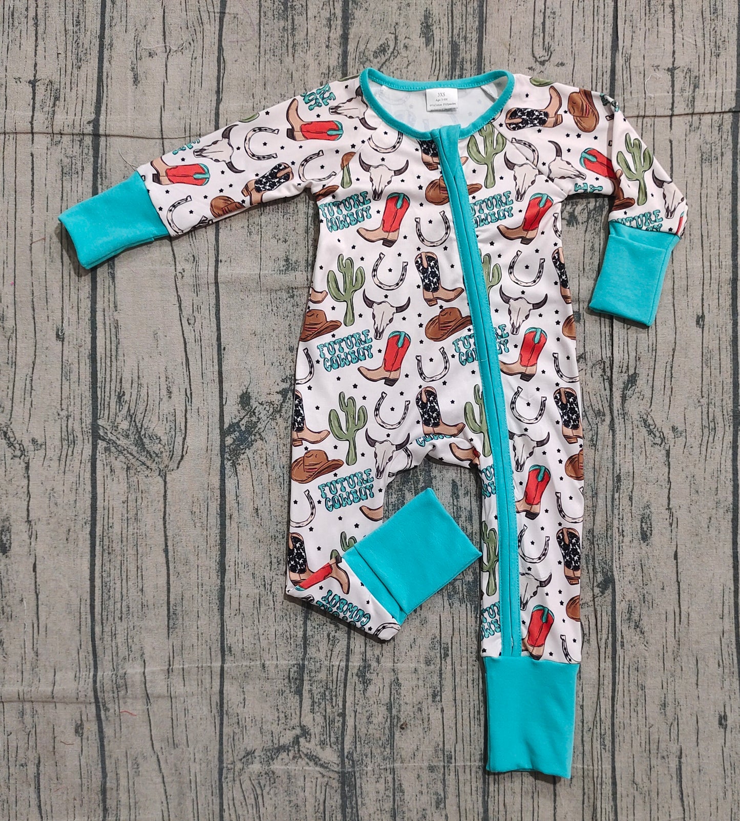 LR2944 Cowboy Cactus Blue Green Zip Long-Sleeved Boys Romper 202601 RTS