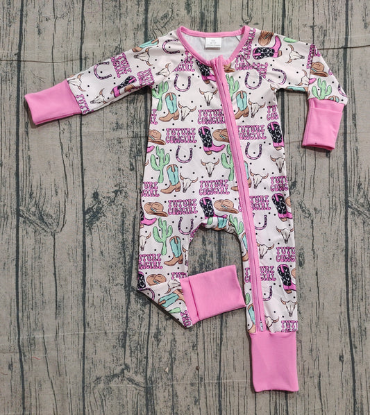 NO MOQ preorder LR2945 Cowgirl Cactus Pink Zip Long-Sleeved Girls Romper 202512