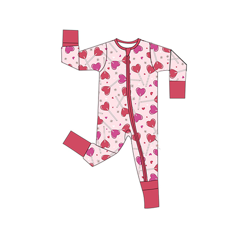 MOQ 5 PCS preorder LR2955 Valentines Day Lollipop Love Pink Red Zip Long-Sleeved Girls Romper 202511