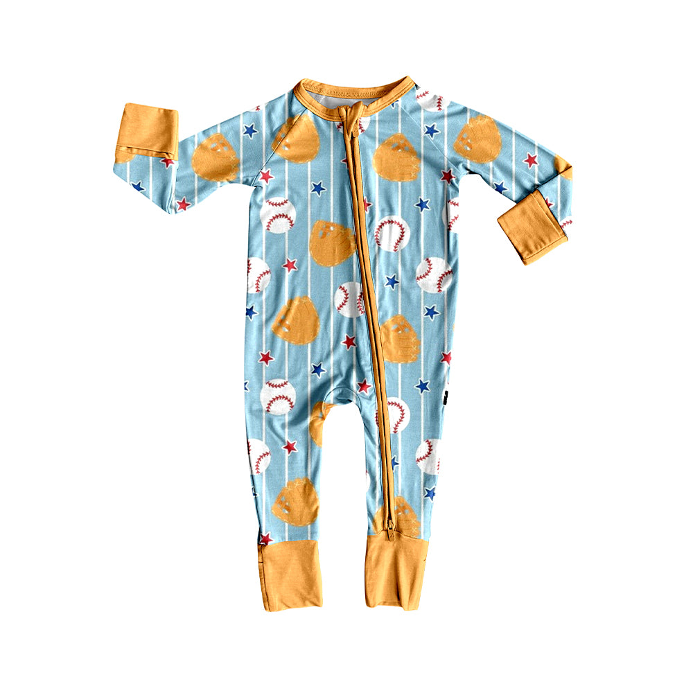 MOQ 5 PCS preorder LR2959 Baseball Star Orange Zip Long-Sleeved Boys Romper 202512