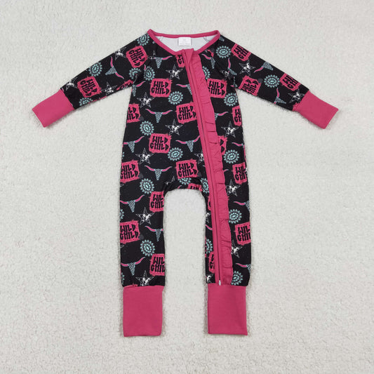 LR2962 Wild Child Gemstone Star Alpine Bull Head Rose Red Ruffle Black Zip Long-Sleeved Girls Romper 202512 RTS