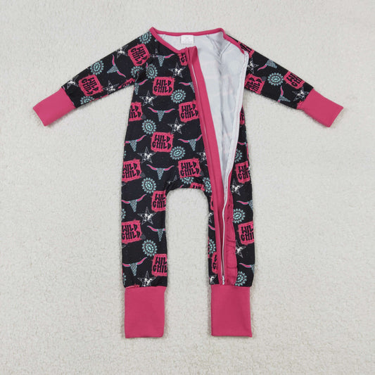 LR2962 Wild Child Gemstone Star Alpine Bull Head Rose Red Ruffle Black Zip Long-Sleeved Girls Romper 202512 RTS