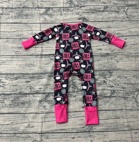 NO MOQ preorder LR2962 Wild Child Gemstone Star Alpine Bull Head Rose Red Ruffle Black Zip Long-Sleeved Girls Romper 202512