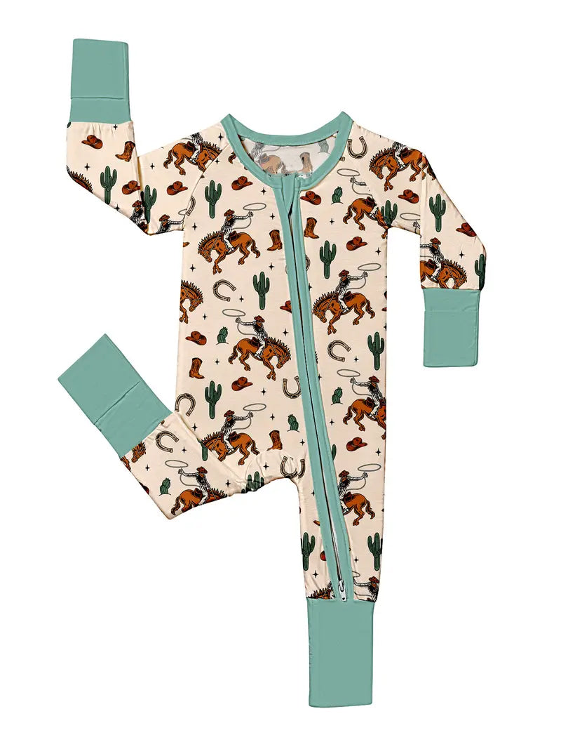 MOQ 5 PCS preorder LR2963 Cactus Horse Riding Beige Green Zip Long-Sleeved Boys Romper 202512