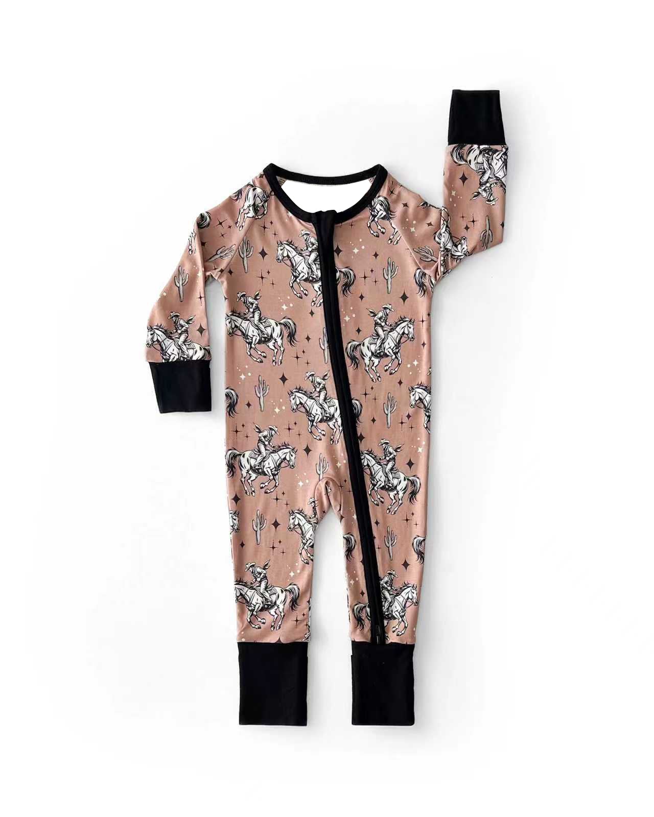 MOQ 5 PCS preorder LR2965 Cactus Horse Riding Brown Black Zip Long-Sleeved Boys Romper 202512