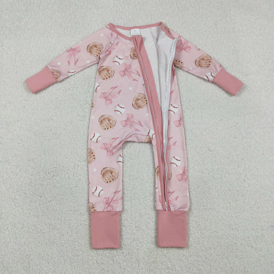 LR2967 Baseball Bows Pink Zip Long-Sleeved Girls Romper 202601 RTS