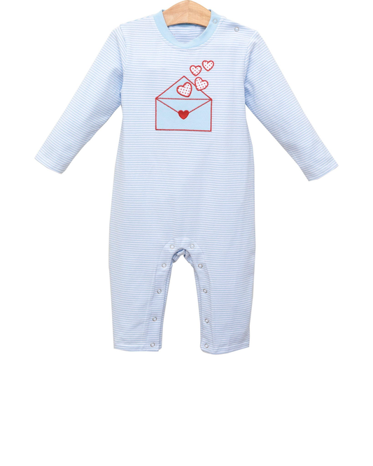 MOQ 5 PCS preorder LR2971 Valentines Day Love Blue Stripe Long-Sleeved Boys Romper 202512