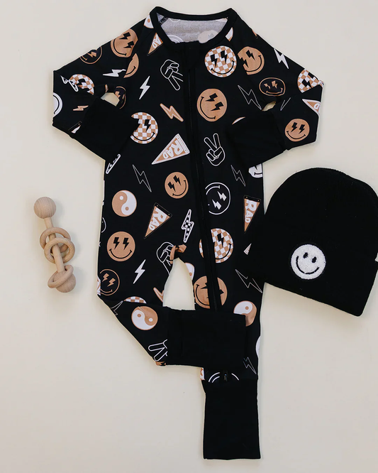 MOQ 5 PCS preorder LR2984 Smile Face Lightning Black Zip Long-Sleeved Boys Romper 202512