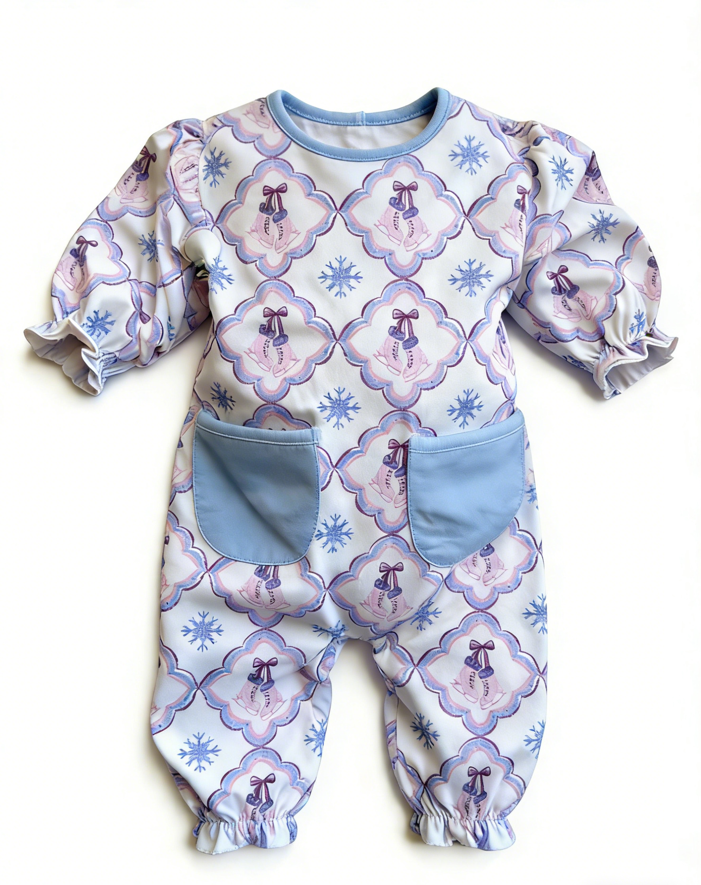 MOQ 5 PCS preorder LR2991 Snowflake Roller Skates Plaid Blue Pocket Long Sleeve Girls Romper 202512