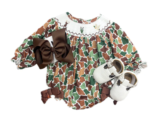 MOQ 5 PCS preorder LR2993 Deer Grass Duck Brown Green Camouflage Long Sleeve Girls Bubble Romper 202601