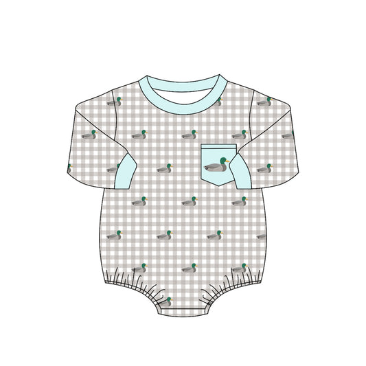MOQ 5 PCS preorder LR3000 Ducks Pattern Gray Plaid Light Blue O-Neck Long Sleeve Boys Bubble Romper 202604