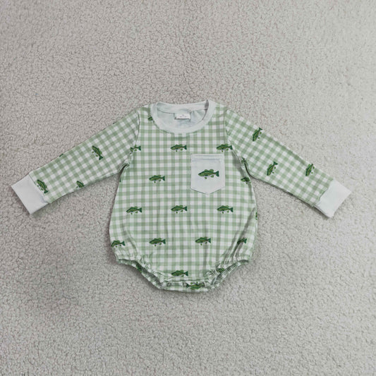 LR3001 Fish Pattern Green Plaid Gray O-Neck Long Sleeve Boys Bubble Romper 202607 RTS