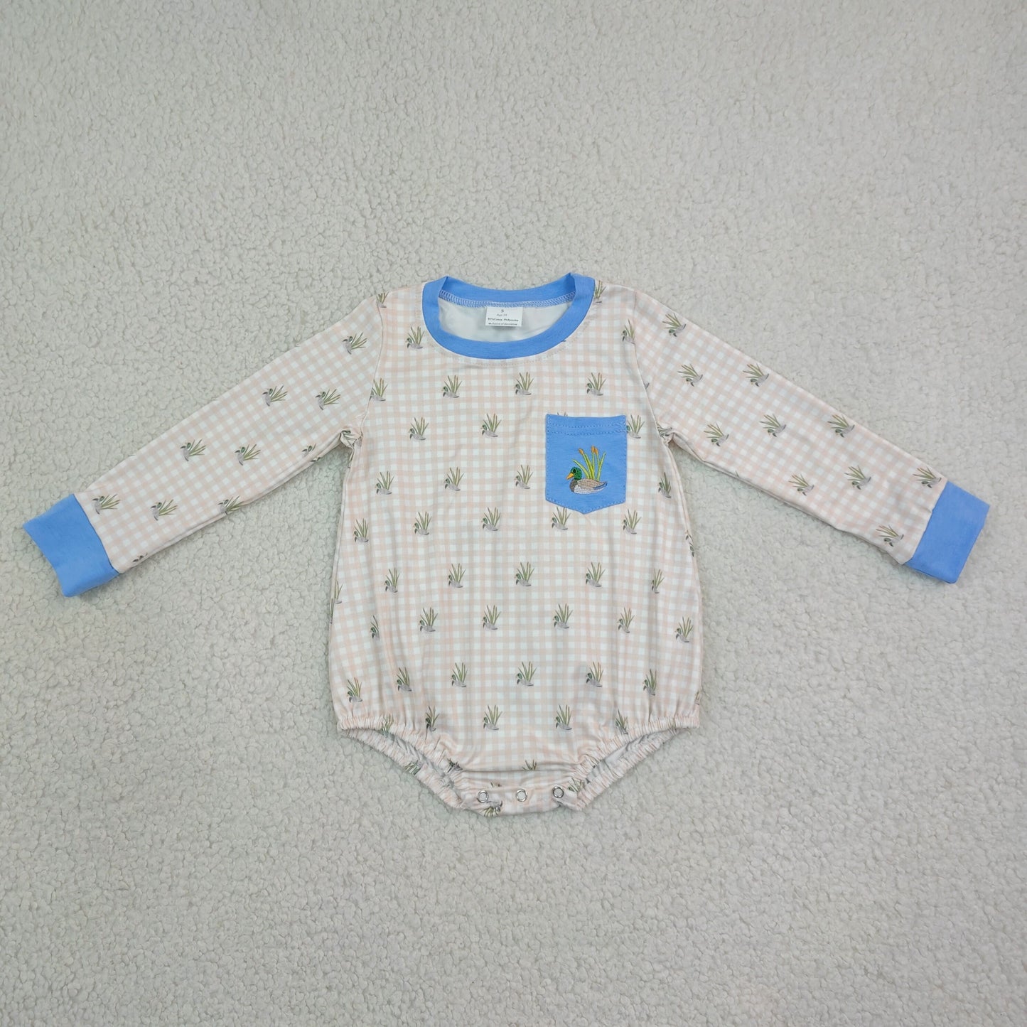 LR3002 Embroidered Duck Pattern Khaki Plaid Gray Blue O-Neck Long Sleeve Boys Bubble Romper 202608 RTS