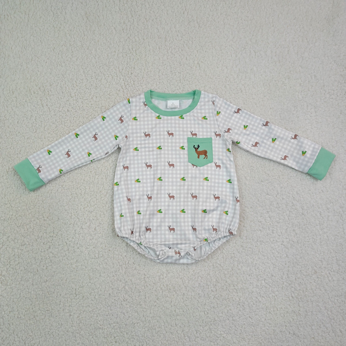 LR3003 Embroidered Deer Pattern Gray Plaid Green O-Neck Long Sleeve Boys Bubble Romper 202608 RTS
