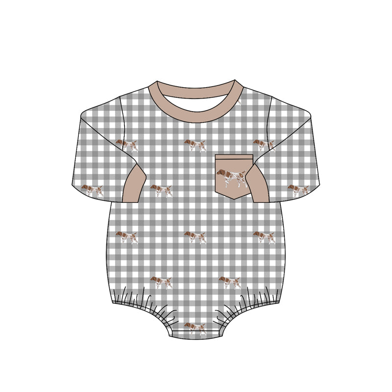 MOQ 5 PCS preorder LR3004 Puppy Pattern Gray Plaid Khaki O-Neck Long Sleeve Boys Bubble Romper 202604
