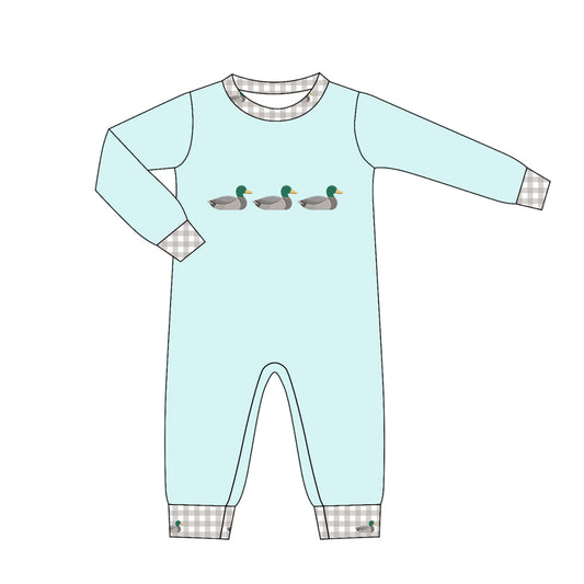 MOQ 5 PCS preorder LR3005 Ducks Pattern Gray Plaid O-Neck Light Blue Long Sleeve Boys Romper 202604