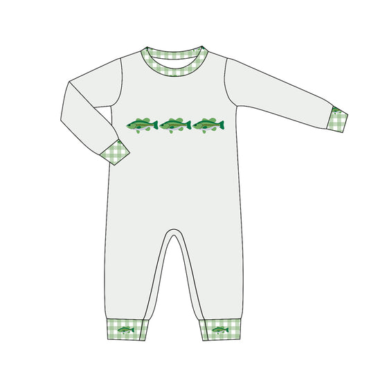 MOQ 5 PCS preorder LR3006 Fish Pattern Green Plaid O-Neck Gray Long Sleeve Boys Romper 202604