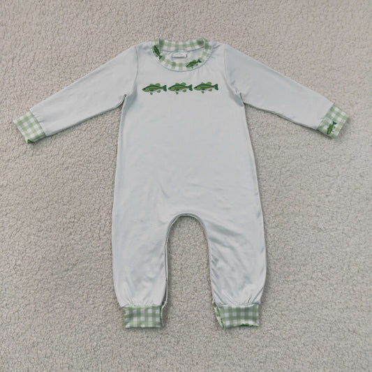 LR3006 Fish Pattern Green Plaid O-Neck Gray Long Sleeve Boys Romper 202607 RTS