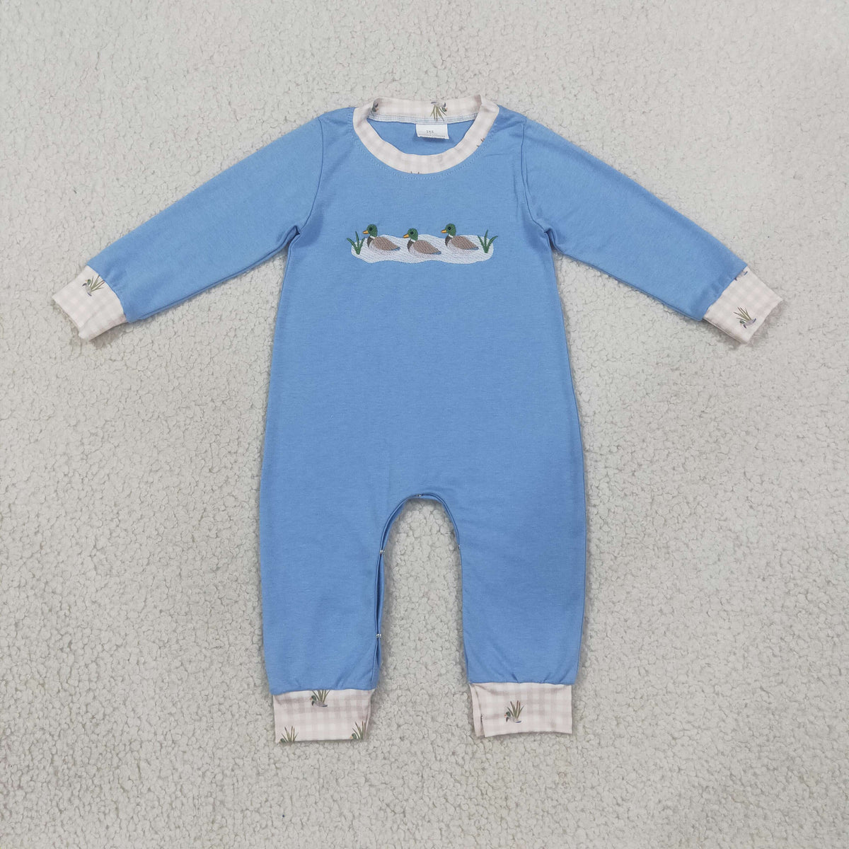 LR3007 Embroidered Ducks Pattern Gray Blue Plaid O-Neck Khaki Long Sleeve Boys Romper 202608 RTS