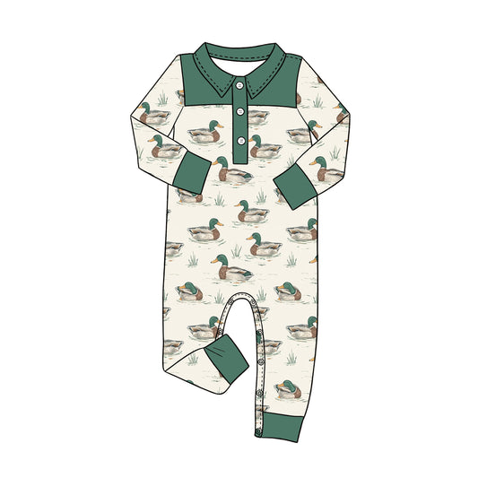 MOQ 5 PCS preorder LR3010 Duck Hunting Dark Green Buttons Polo Long Sleeve Boys Romper 202604