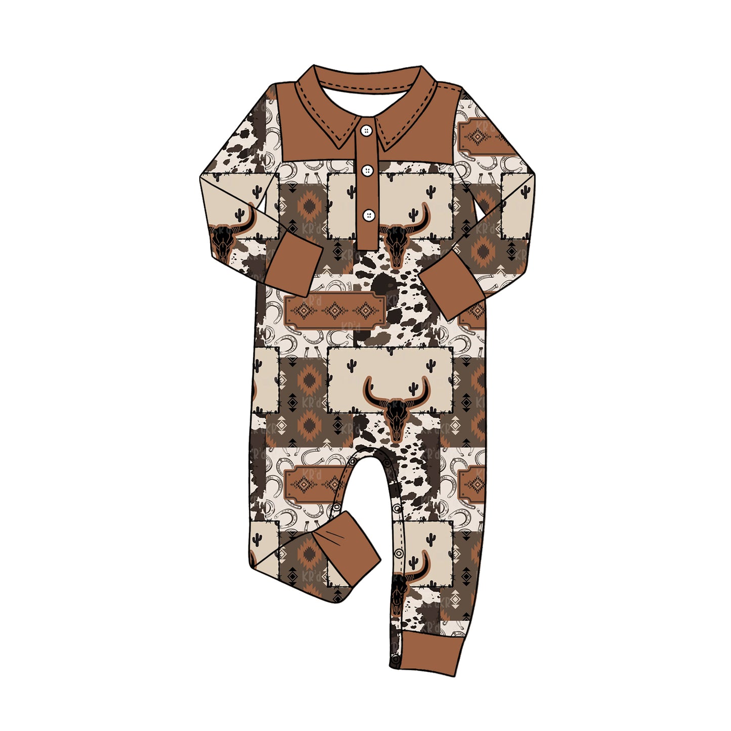 MOQ 5 PCS preorder LR3012 Highland Cow Brown Buttons Polo Long Sleeve Boys Romper 202604