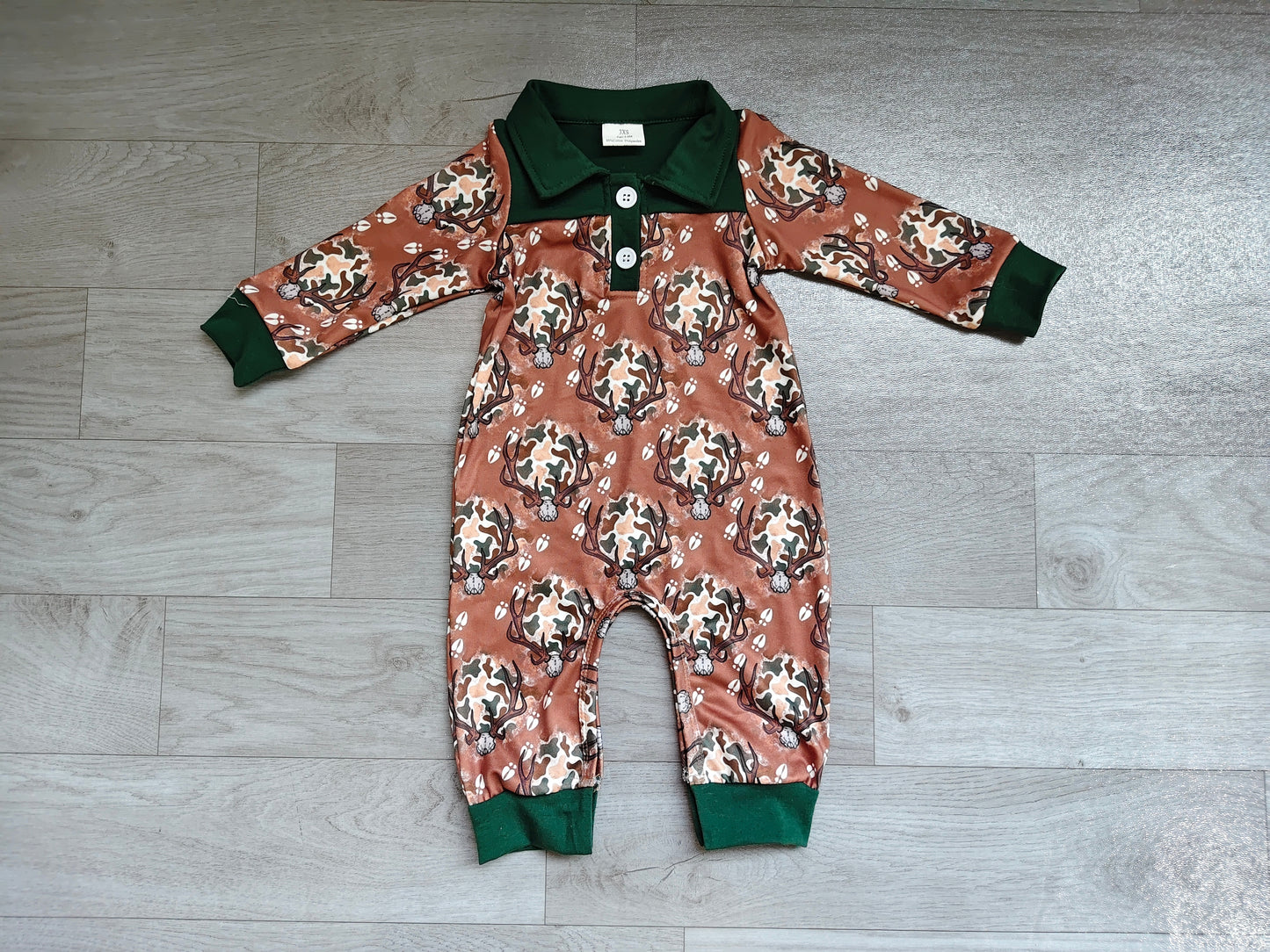 NO MOQ preorder LR3013 Deer Hunting Dark Green Buttons Polo Long Sleeve Boys Romper 202607