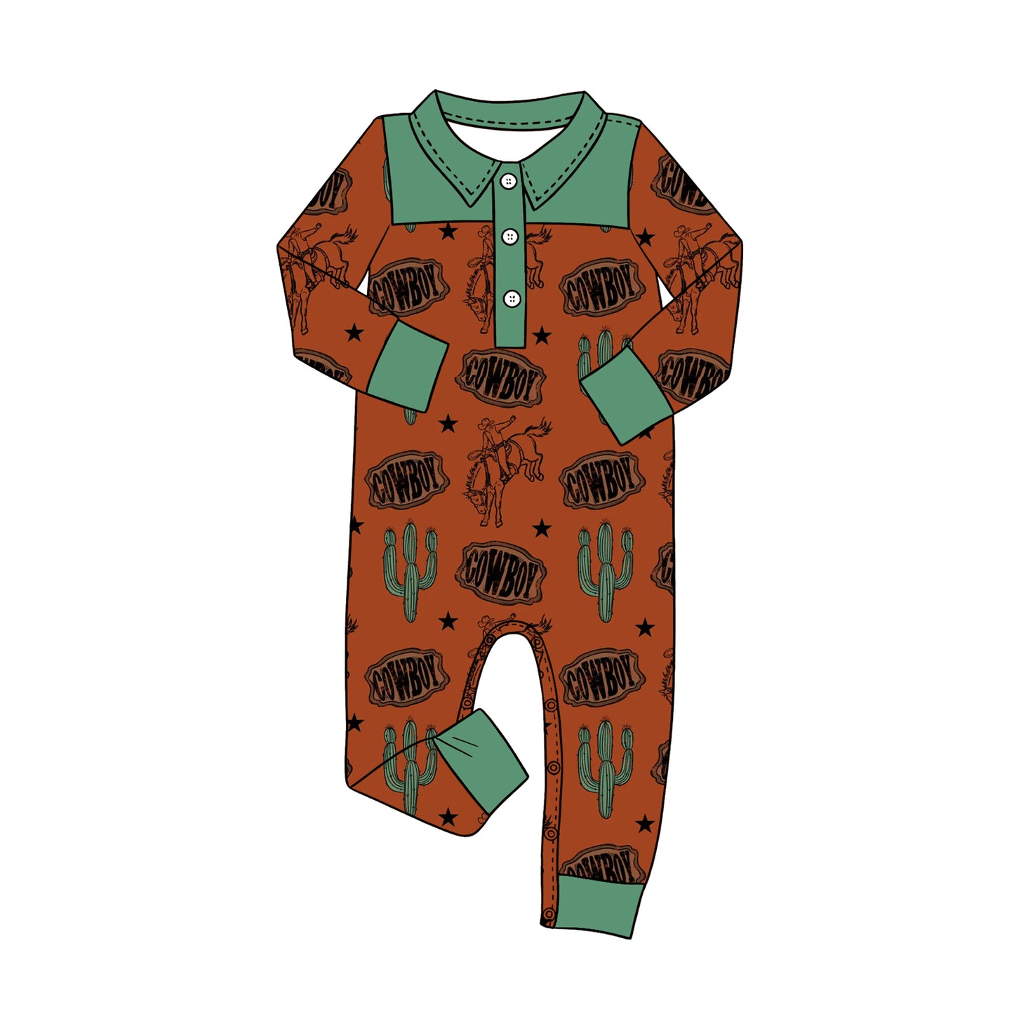 MOQ 5 PCS preorder LR3014 Cowboy Riding Horse Green Buttons Polo Long Sleeve Boys Romper 202604