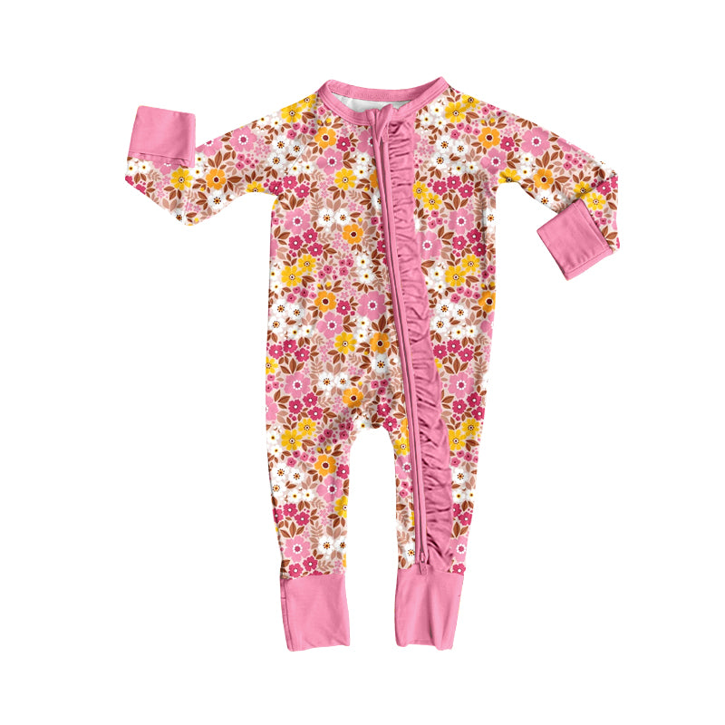 MOQ 5 PCS preorder LR3017 Flower Pink Ruffle Zip Long Sleeve Girls Romper 202604