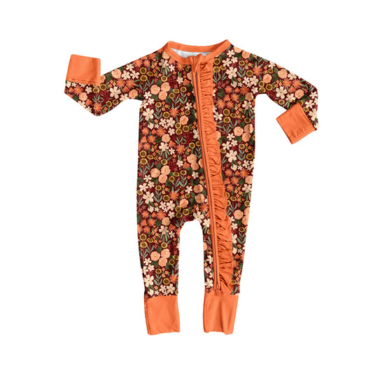 MOQ 5 PCS preorder LR3019 Flower Orange Ruffle Zip Long Sleeve Girls Romper 202604
