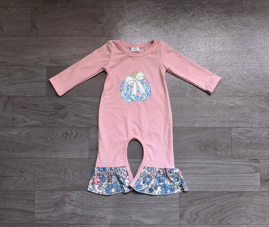 NO MOQ preorder LR3021 Embroidered Floral Pumpkin Bow Pink Purple Long Sleeve Girls Romper 202607