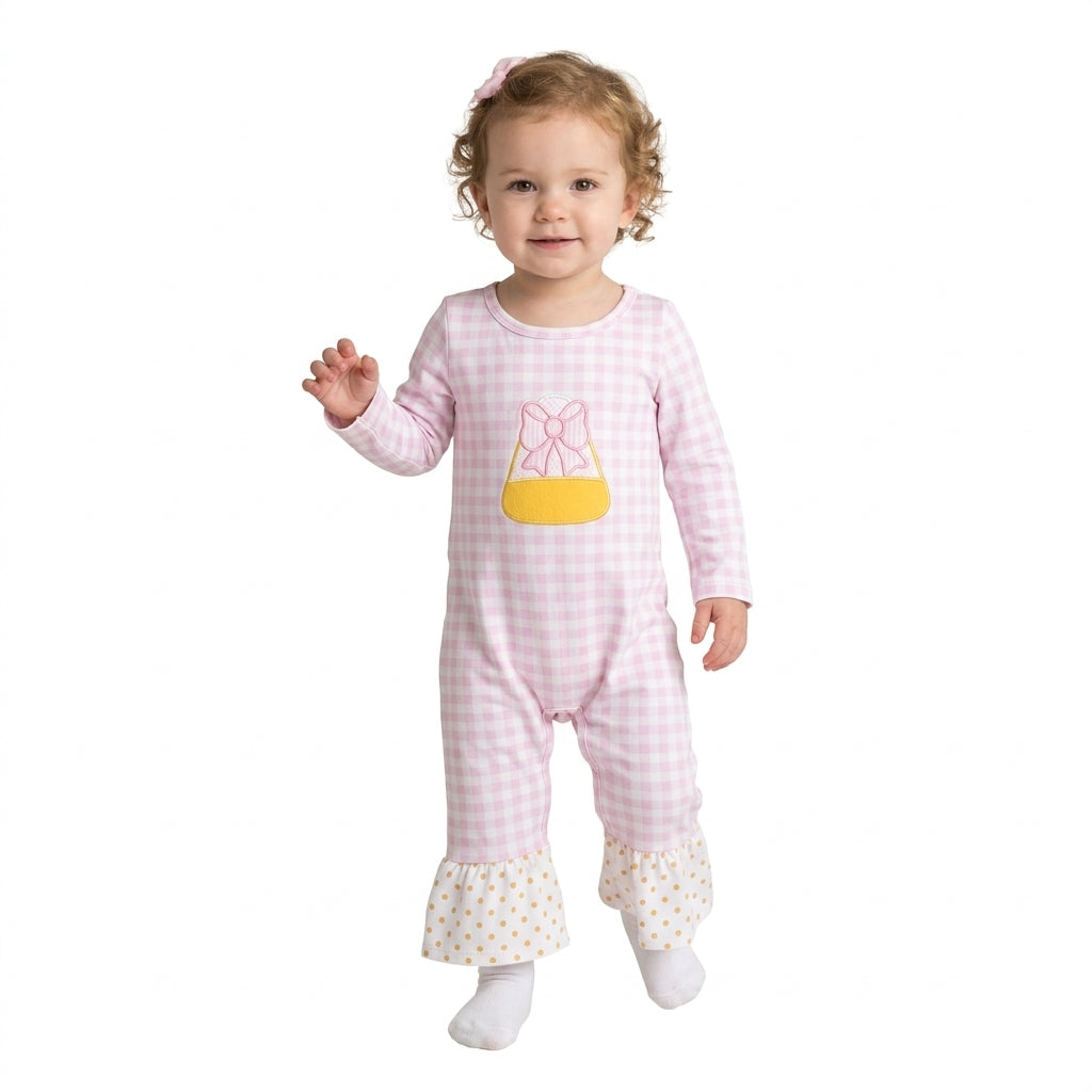 LR3022 Embroidery Candy Corn Bows Pink Plaid Dots Baby Girls Romper 202609 RTS