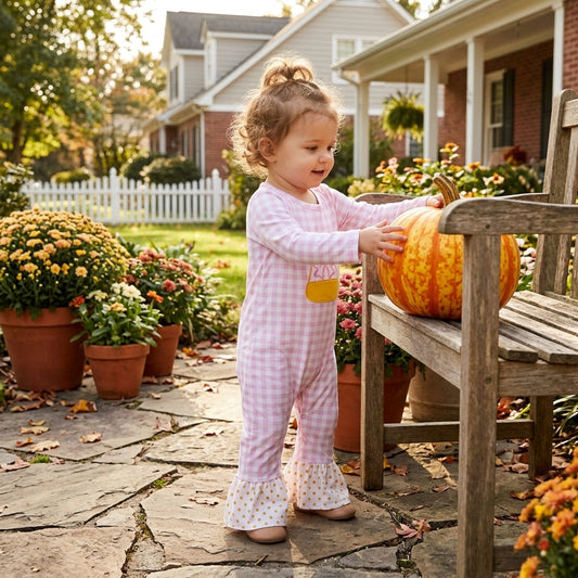 LR3022 Embroidery Candy Corn Bows Pink Plaid Dots Baby Girls Romper 202609 RTS