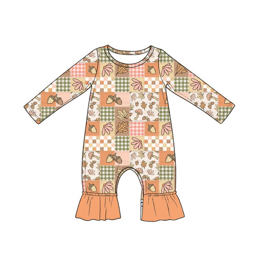 MOQ 5 PCS preorder LR3023 Pine Nut Mushroom Flower Plaid Patchwork Orange Long Sleeve Girls Romper 202604